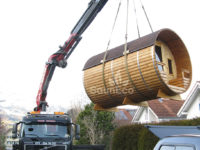Barrel sauna transport Sauneco