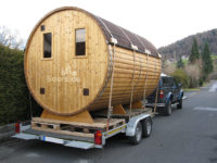 Barrel sauna transport Sauneco